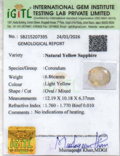 Yellow Sapphire (Pukhraj) Gemstone - 6.86 Carats