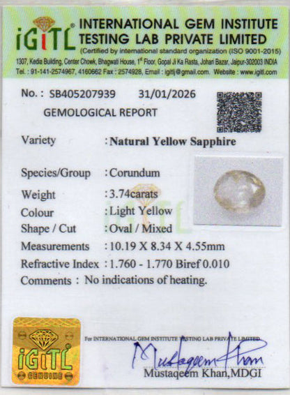 Yellow Sapphire (Pukhraj) Gemstone - 3.74 Carats