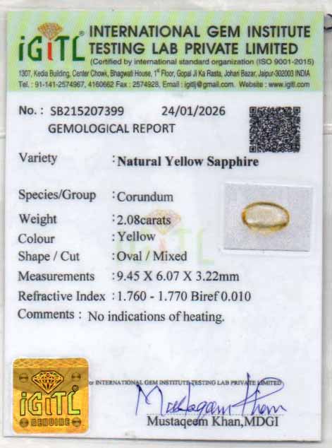 Yellow Sapphire (Pukhraj) Gemstone - 2.08 Carats