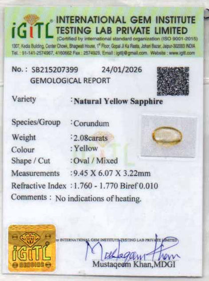 Yellow Sapphire (Pukhraj) Gemstone - 2.08 Carats