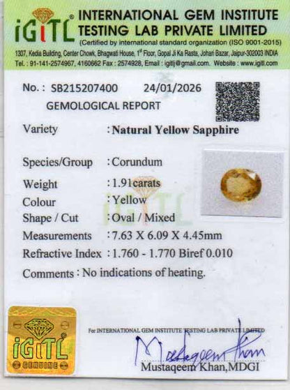 Yellow Sapphire (Pukhraj) Gemstone - 1.91 Carats