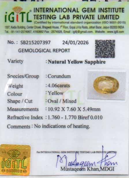 Yellow Sapphire (Pukhraj) Gemstone - 4.06 Carats