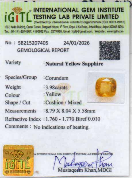 Yellow Sapphire (Pukhraj) Gemstone - 3.98 Carats