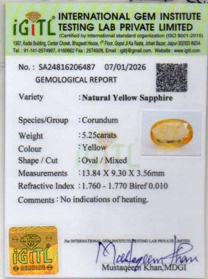 Yellow Sapphire (Pukhraj) Gemstone - 5.25 Carats