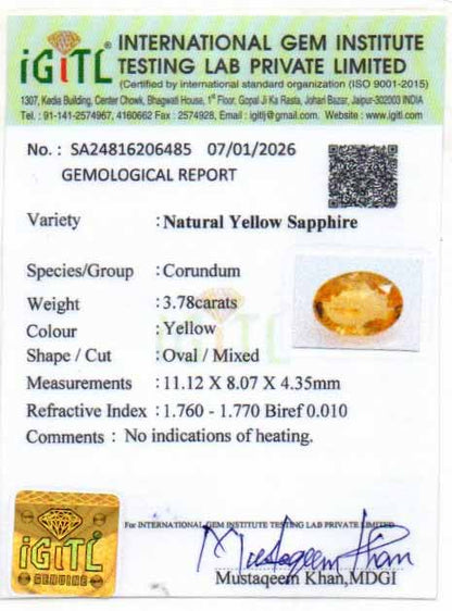 Yellow Sapphire (Pukhraj) Gemstone - 3.78 Carats