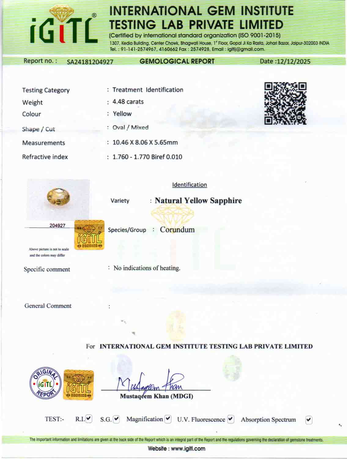 Yellow Sapphire (Pukhraj) Gemstone - 4.48 Carats