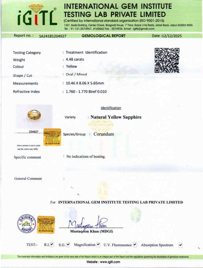 Yellow Sapphire (Pukhraj) Gemstone - 4.48 Carats