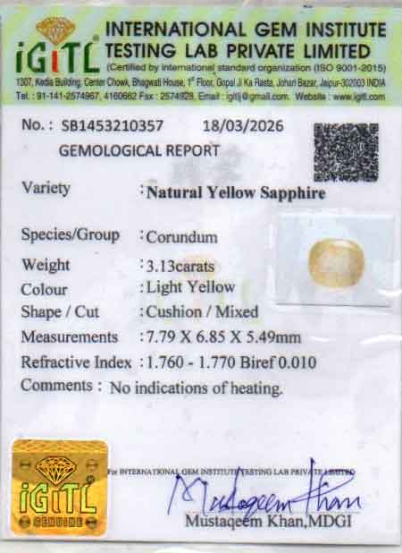 Yellow Sapphire (Pukhraj) Gemstone - 3.13 Carats
