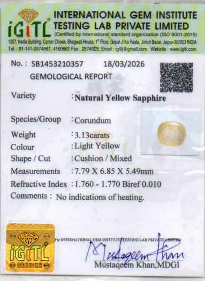 Yellow Sapphire (Pukhraj) Gemstone - 3.13 Carats