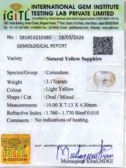 Yellow Sapphire (Pukhraj) Gemstone - 3.17 Carats