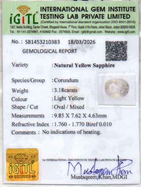 Yellow Sapphire (Pukhraj) Gemstone - 3.18 Carats