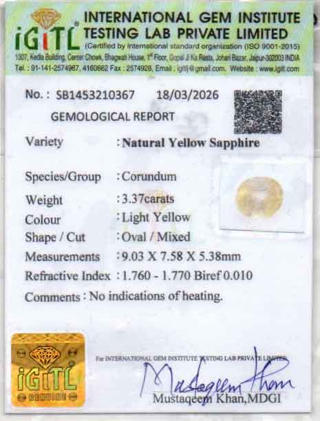 Yellow Sapphire (Pukhraj) Gemstone - 3.37 Carats