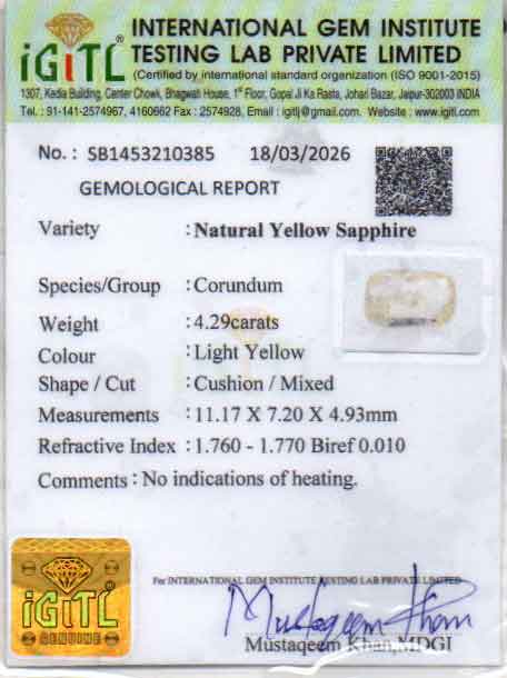 Yellow Sapphire (Pukhraj) Gemstone - 4.29 Carats