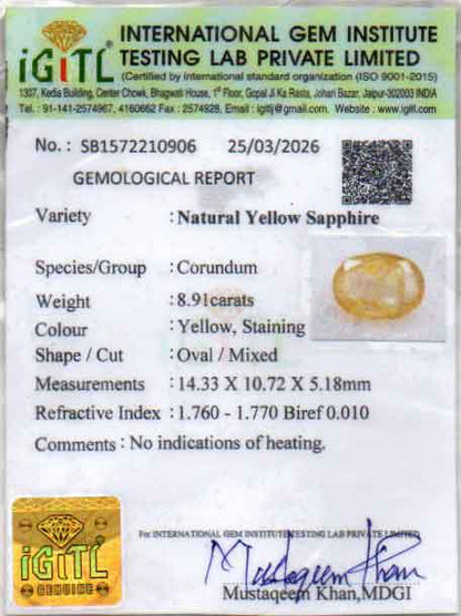 Yellow Sapphire (Pukhraj) Gemstone - 8.91 Carats
