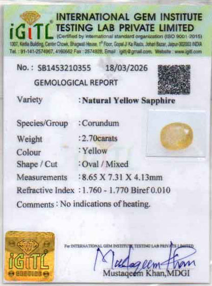 Yellow Sapphire (Pukhraj) Gemstone - 2.7 Carats