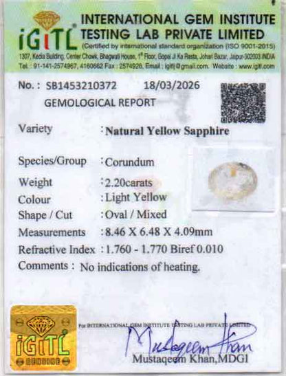 Yellow Sapphire (Pukhraj) Gemstone - 2.2 Carats