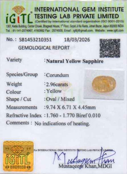 Yellow Sapphire (Pukhraj) Gemstone - 2.96 Carats