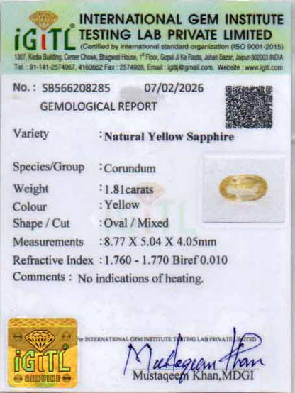 Yellow Sapphire (Pukhraj) Gemstone - 1.81 Carats