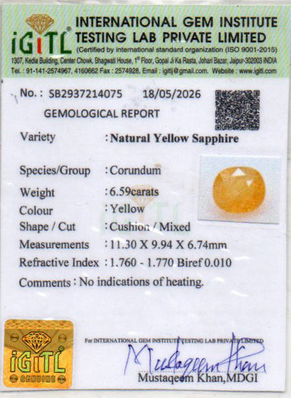Yellow Sapphire (Pukhraj) Gemstone - 6.59 Carats
