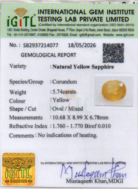 Yellow Sapphire (Pukhraj) Gemstone - 5.74 Carats