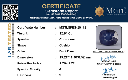 Blue Sapphire (Neelam) Gemstone - 12.94 Carats
