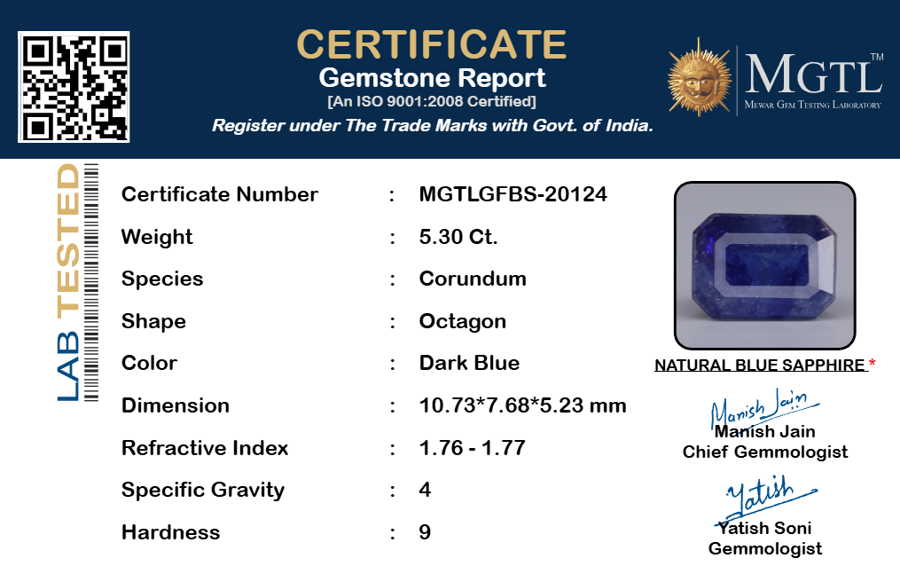 Blue Sapphire (Neelam) Gemstone - 5.30 Carats
