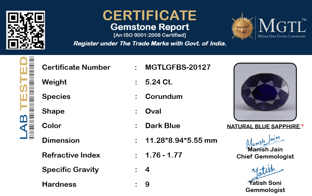Blue Sapphire (Neelam) Gemstone - 5.24 Carats