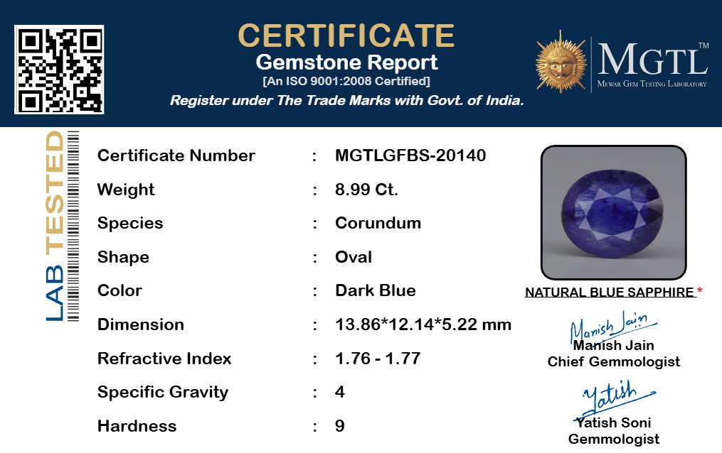 Blue Sapphire (Neelam) Gemstone - 8.99 Carats