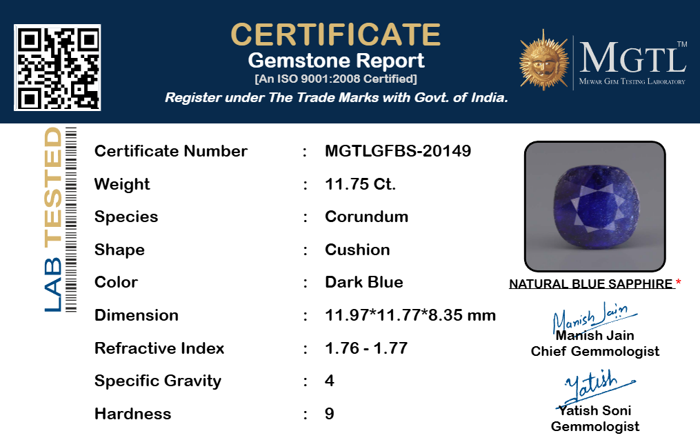 Blue Sapphire (Neelam) Gemstone - 11.75 Carats