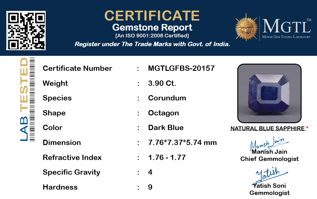 Blue Sapphire (Neelam) Gemstone - 3.90 Carats