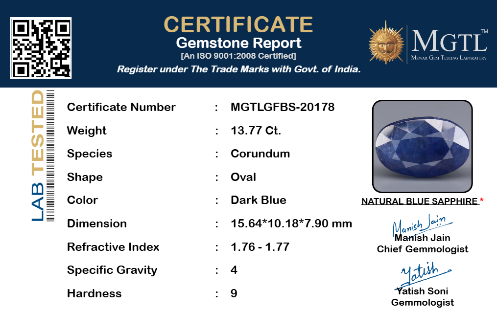 Blue Sapphire (Neelam) Gemstone - 13.77 Carats
