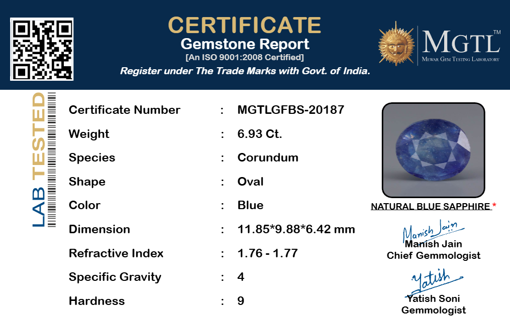 Blue Sapphire (Neelam) Gemstone - 6.93 Carats