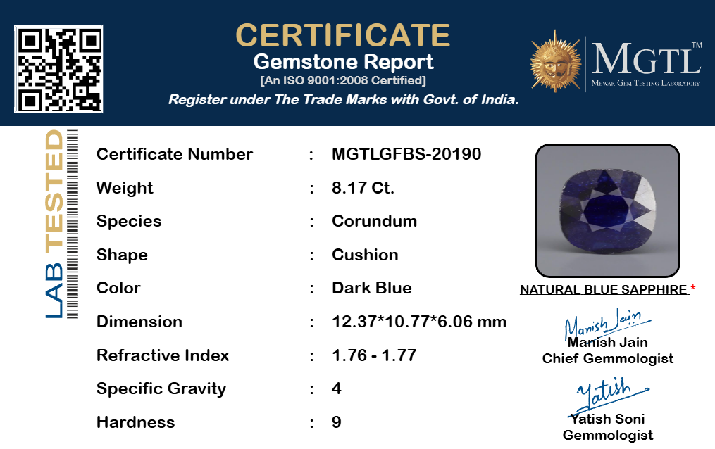 Blue Sapphire (Neelam) Gemstone - 8.17 Carats