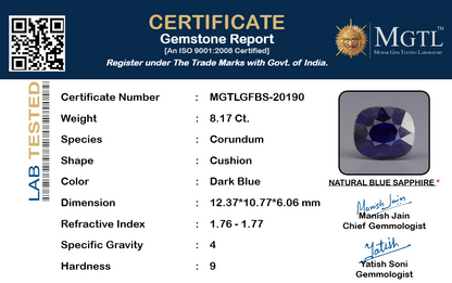 Blue Sapphire (Neelam) Gemstone - 8.17 Carats