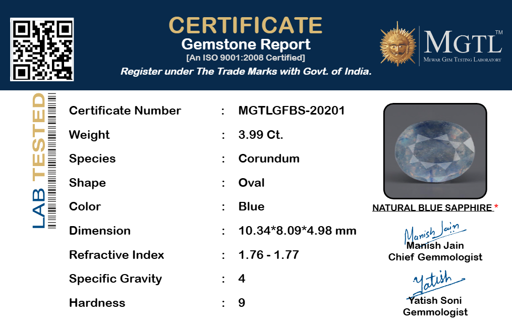 Blue Sapphire (Neelam) Gemstone - 3.99 Carats