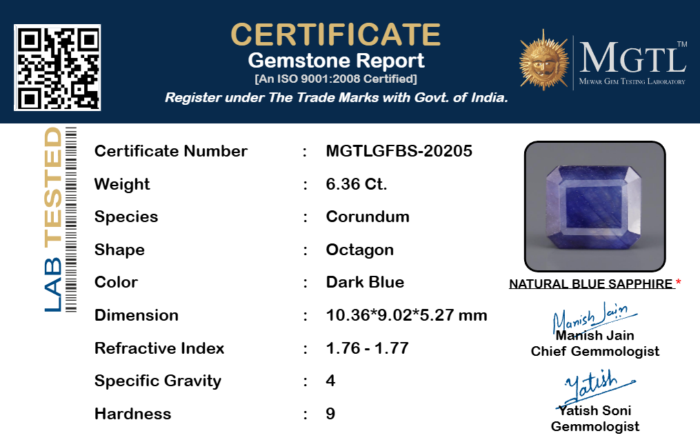 Blue Sapphire (Neelam) Gemstone - 6.36 Carats