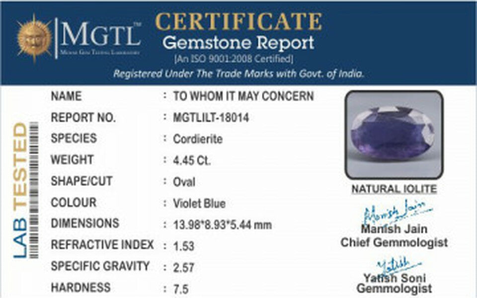 Iolite - 4.45 Carats (Kaka Neeli - 4.85 Ratti)