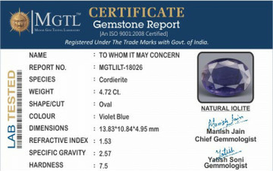 Iolite - 4.72 Carats (Kaka Neeli - 5.14 Ratti)