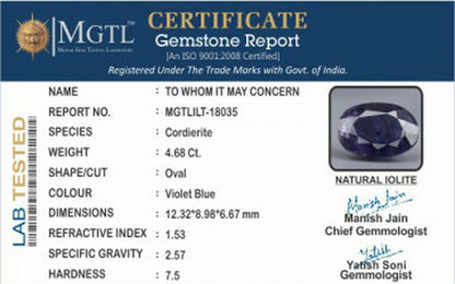 Iolite - 4.68 Carats (Kaka Neeli - 5.10 Ratti)