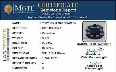 Blue Sapphire - 3.1 Carats (Neelam - 3.38 Ratti)