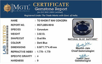 Blue Sapphire - 3.02 Carats (Neelam - 3.29 Ratti)
