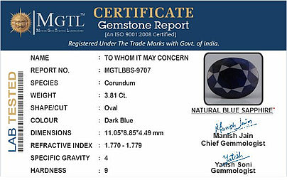 Blue Sapphire - 3.81 Carats (Neelam - 4.15 Ratti)