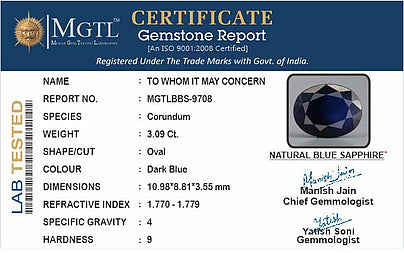 Blue Sapphire - 3.09 Carats (Neelam - 3.37 Ratti)