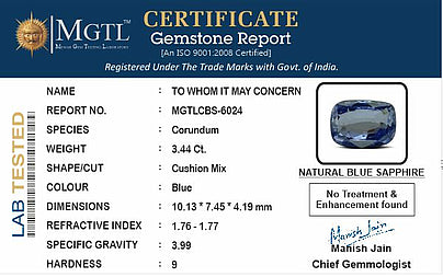Blue Sapphire - 3.44 Carats (Neelam - 3.75 Ratti)