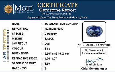 Blue Sapphire - 3.12 Carats (Neelam - 3.40 Ratti)