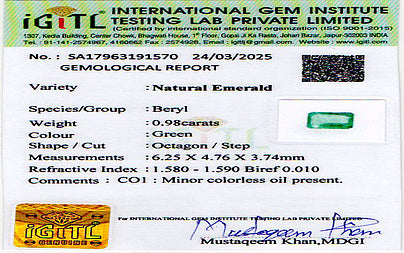 Emerald - 0.98 Carats (Panna - 1.07 Ratti)