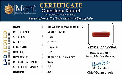 Red Coral - 5.32 Carats (Moonga - 5.80 Ratti)