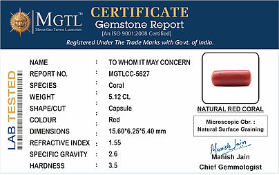 Red Coral - 5.12 Carats (Moonga - 5.58 Ratti)