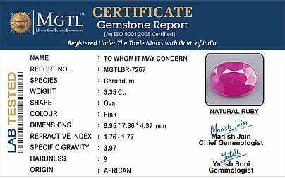 Ruby - 3.35 Carats (Manik - 3.65 Ratti)