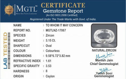 White Zircon - 3.15 Carats (Jarkan - 3.43 Ratti)